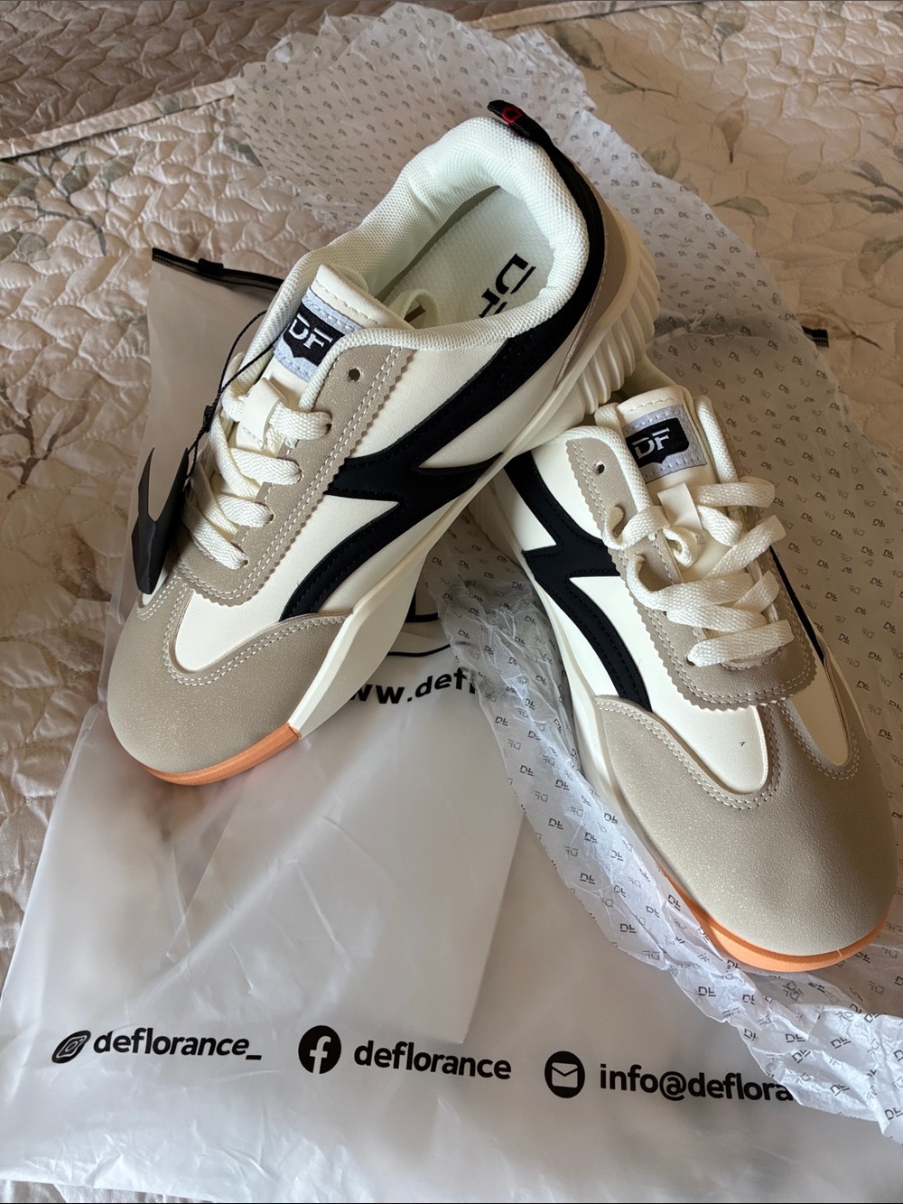 Deflorance Women's Cream & Black Lace-Up Sneakers with Orange Accent